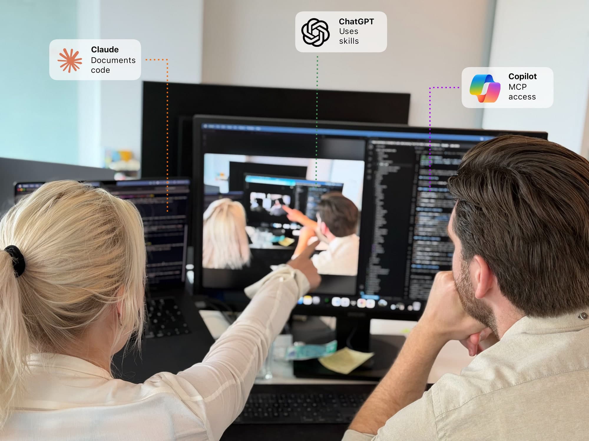 Two engineers at a desk reviewing code on screen, annotated with the assistants working against the same repository: Claude documenting the code, ChatGPT running the skills, and Copilot connected over MCP.