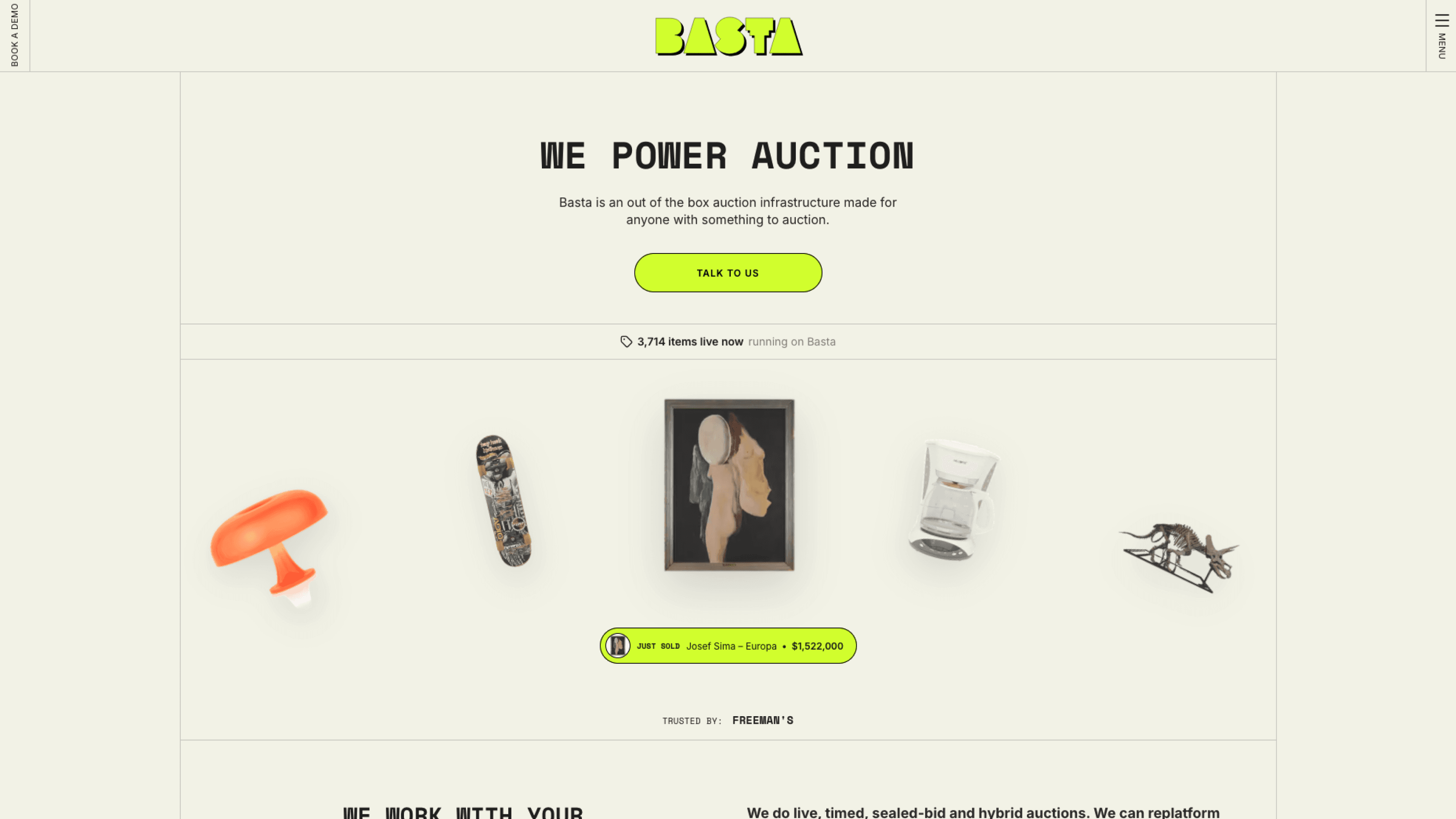 The finished Basta platform, with live lots, a current item count and a recently sold result