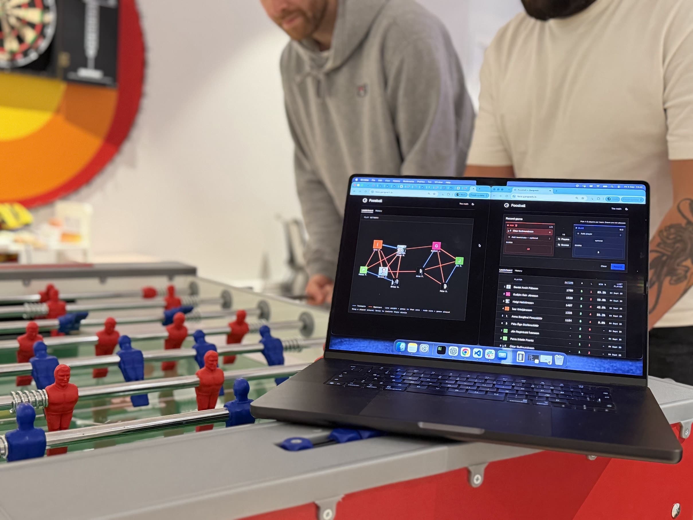 A laptop propped on the foosball table showing the app: the player network graph on the left, the Glicko-2 leaderboard and a game being recorded on the right