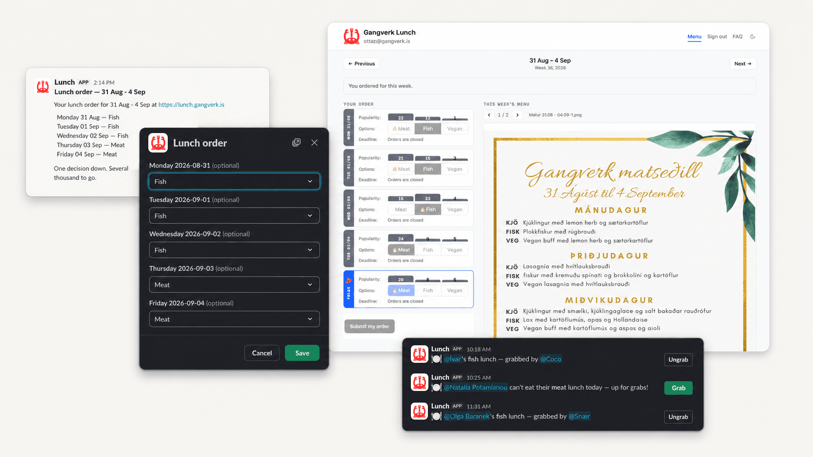 The lunch system across Slack and the web: the order reminder, the /lunch picker with a choice per day, the admin view of this week's menu, and the Slack feed where orders are put up for grabs and claimed