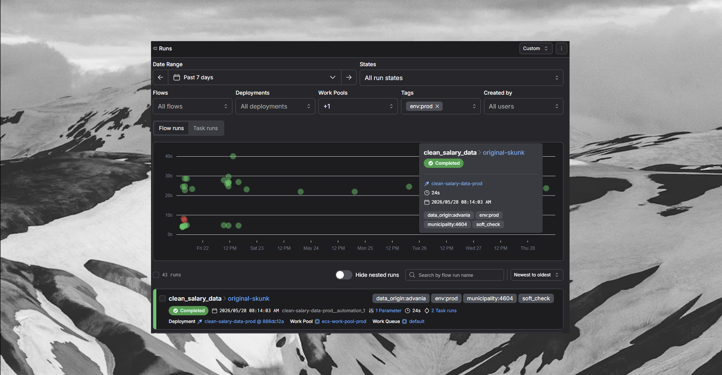 Prefect UI showing orchestrated flow runs for municipal data processing