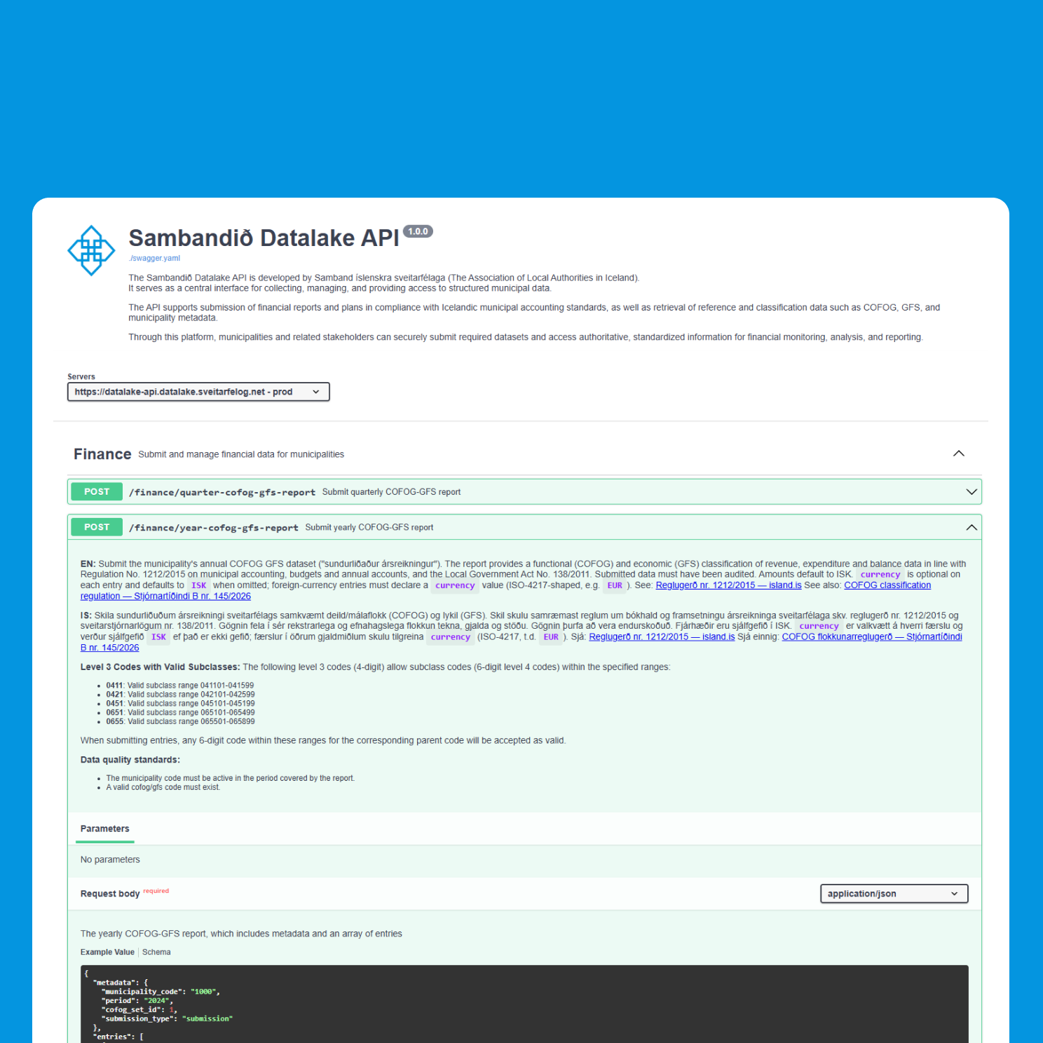 Swagger UI showing the documented Sambandið Datalake API