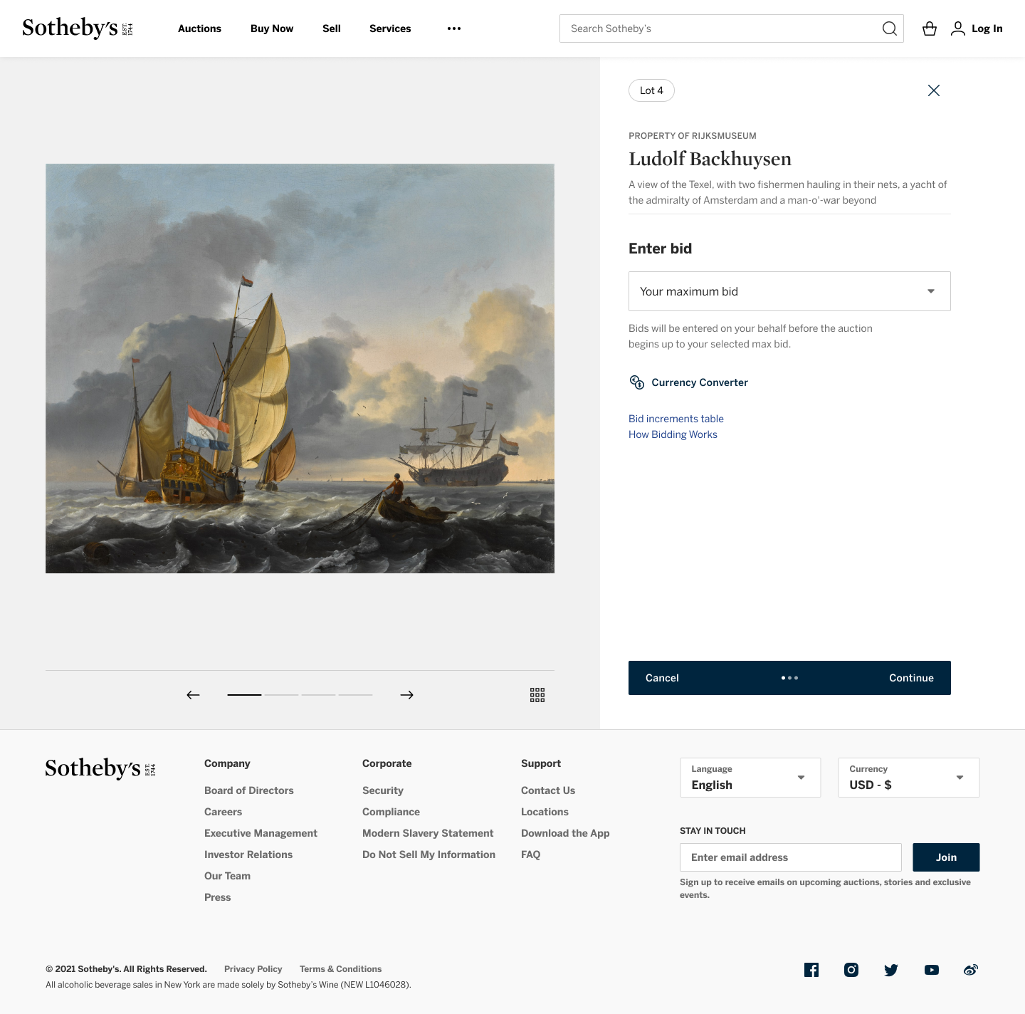 Sotheby's desktop bidding flow interface